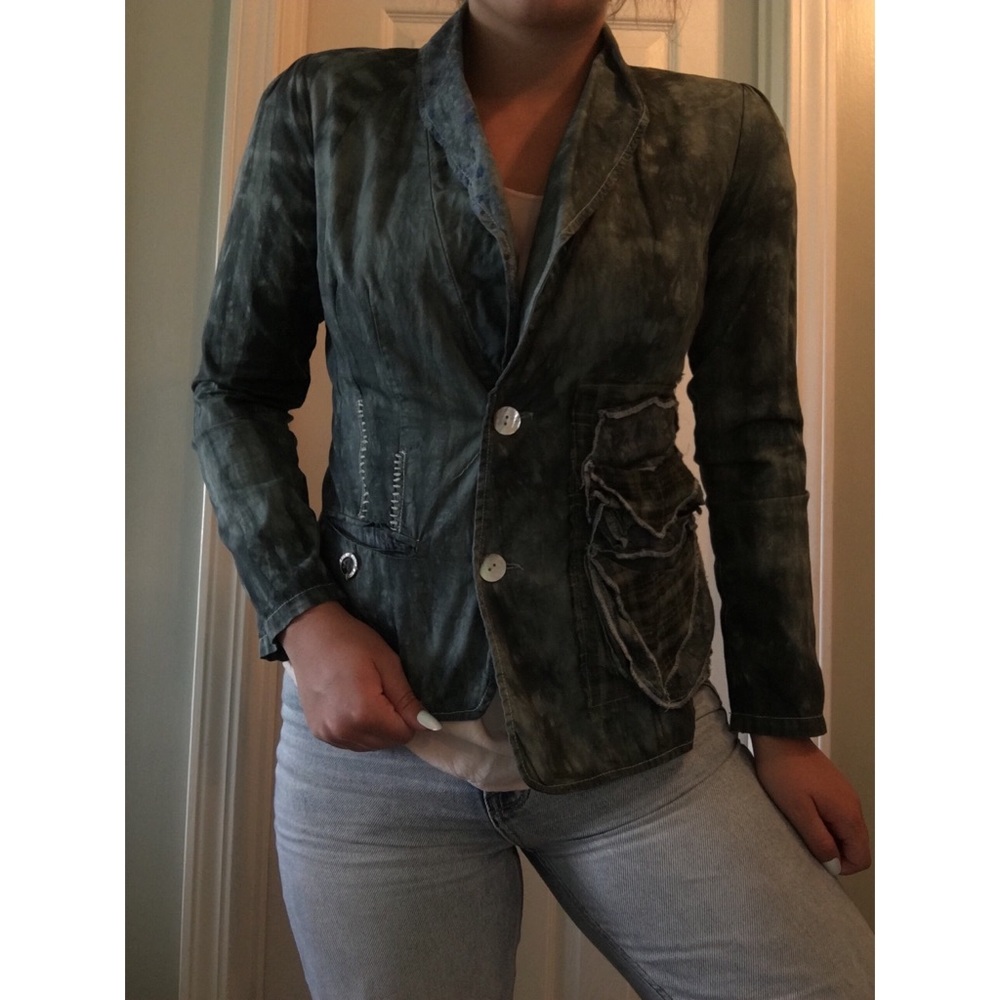 Green two-button blazer.